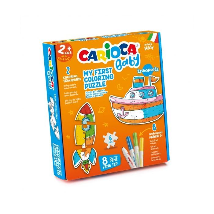 Carioca Coloring Puzzle Transports Baby 2+ Pack de Puzzle para Niños - 2 Medios de Transporte de 3 Piezas - 2 Transportes de Referencia - 8 Rotuladores Superlavables - Color Varios