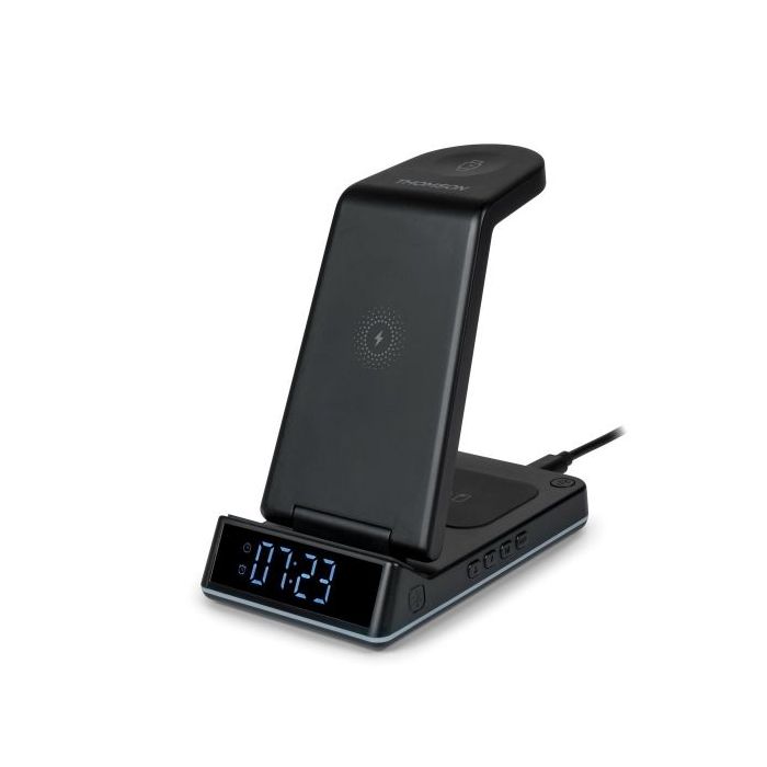 Thomson Reloj Despertador con Estacion de Carga Inalambrica para Smartphone, iWatch y Auriculares - Pantalla LCD - Luz de Noche - Color Negro