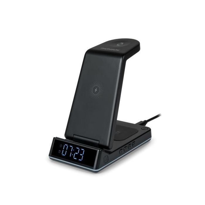 Thomson CL750IS Estacion de Carga por Induccion 4 en 1 - Reloj Despertador y Luz Nocturna - Compatible con Android -  Color Negro