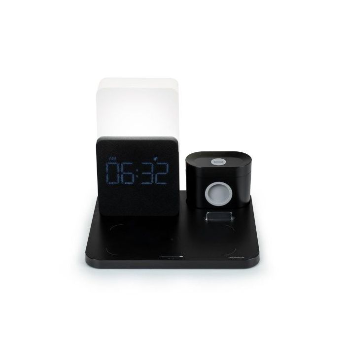 Thomson Reloj Despertador con Estacion de Carga Inalambrica para Smartphone, Smartwatch - Carga USB-C para Auriculares - Pantalla LCD - Luz Nocturna LED - Color Negro