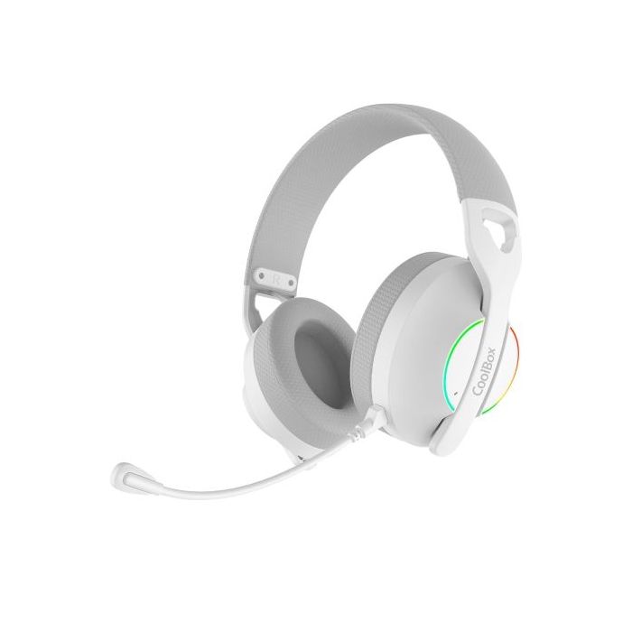 Coolbox WB01 Auriculares Gaming Inalambricos con Microfono - Conectividad Bluetooth 5.4, Inalmabrica 2.4Ghz o Jack - Iluminacion RGB - Autonomia hasta 20h - Cancelacion de Ruido - Color Blanco