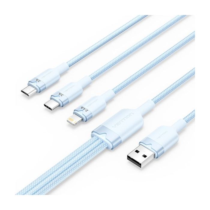 Vention Cable USB-A 2.0 a USB-C, Lightning, Micro-B 3A - 1.5m - Trenzado - Color Azul
