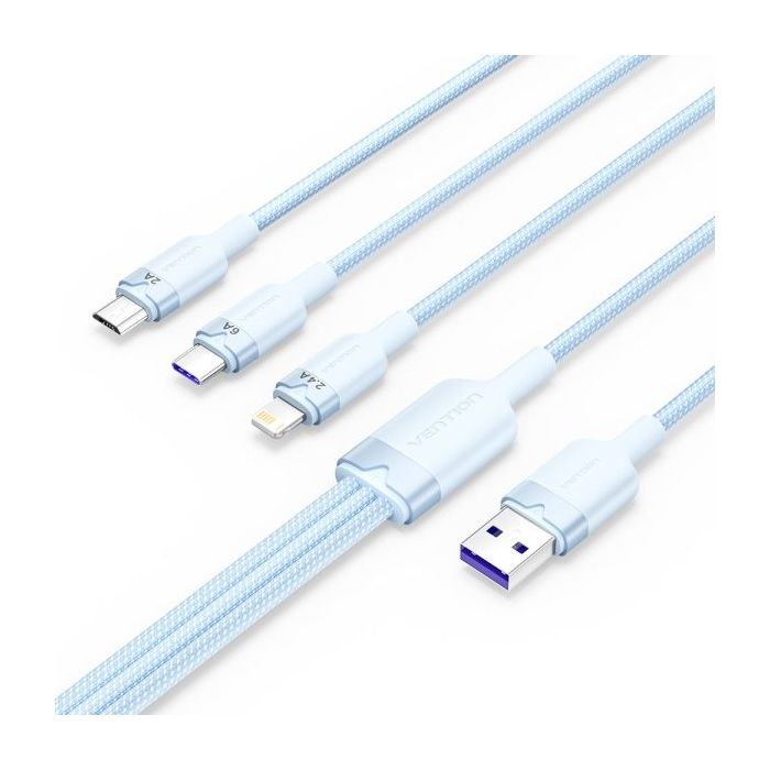 Vention Cable USB-A 2.0 a USB-C, Lightning, Micro-B 6A - 1.5m - Trenzado - Color Azul