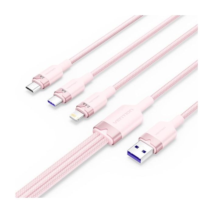 Vention Cable USB-A 2.0 a USB-C, Lightning, Micro-B 6A - 1.5m - Trenzado - Color Rosa