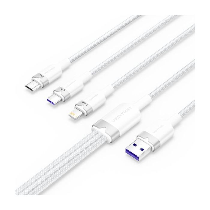 Vention Cable USB-A 2.0 a USB-C, Lightning, Micro-B 6A - 1.5m - Trenzado - Color Blanco