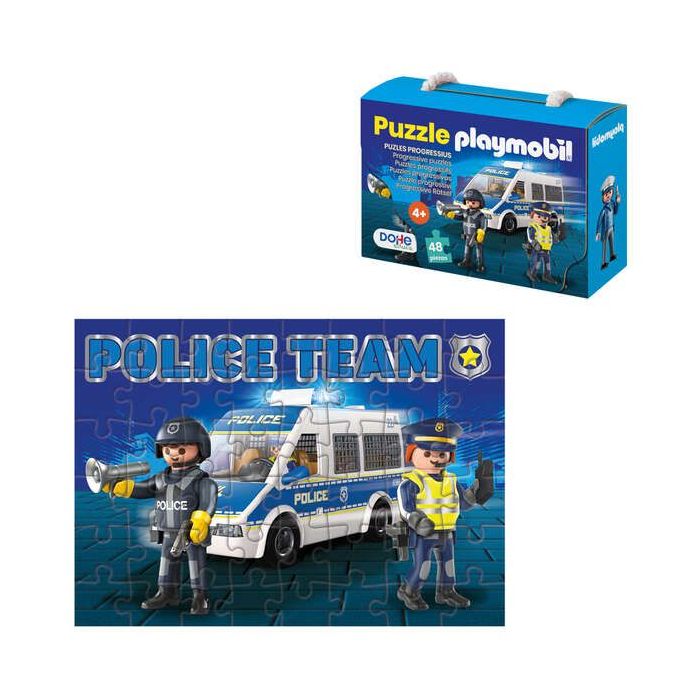 Dohe Playmobil Puzzle para Niños de 48 Piezas - Tematica Policia - Doble Capa de Carton - Capa Intermedia de Contrachapado - Estimula Imaginacion y Razonamiento - Atractivos Colores y Dibujos