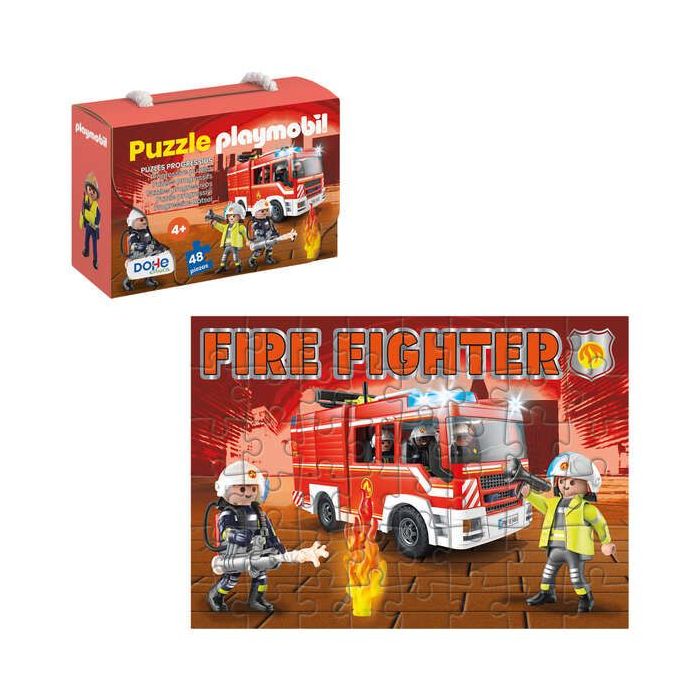 Dohe Playmobil Puzzle para Niños de 48 Piezas - Tematica Bomberos - Doble Capa de Carton - Capa Intermedia de Contrachapado - Estimula Imaginacion y Razonamiento - Atractivos Colores y Dibujos