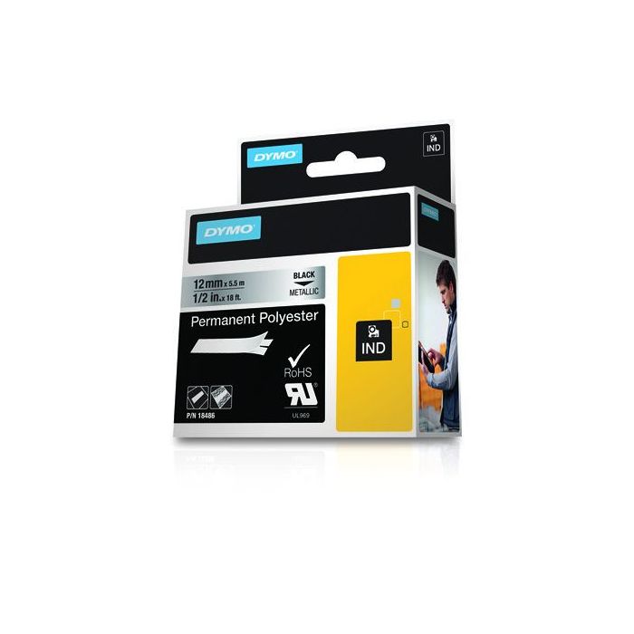 Dymo Rhino ID1-12 Cinta de Etiquetas Original para Rotuladora - Texto Negro sobre Fondo Plata - Ancho 12mm x 5.5 metros - 18486