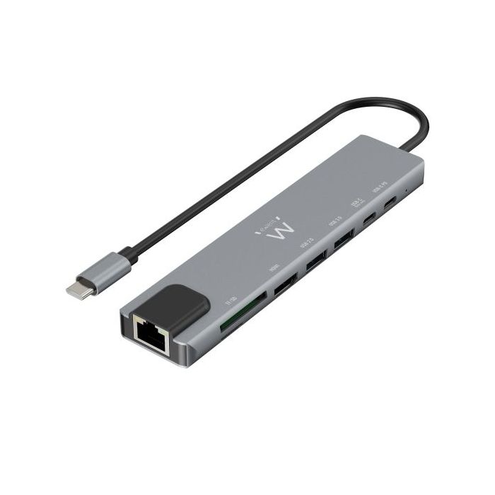 Ewent USB-C Dock 8 en 1 - HDMI 4K - PD 87W - USB-C - 2xUSB-A - LAN - Lector de tarjetas - Color Plata