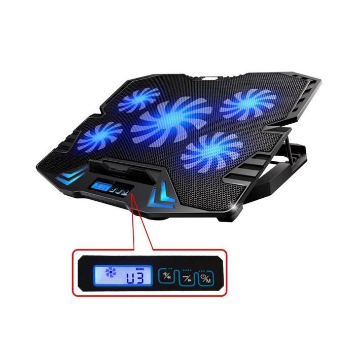 Ewent Soporte para Portatil - 5 Ventiladores Silenciosos hasta 17" - 2 Puertos USB - 5 Velocidades de Ventilador - 2 Modos de Enfriamiento - Color Negro