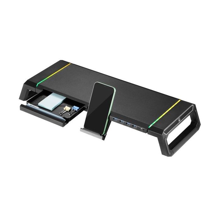 Ewent EW1268 Elevador para Monitor RGB Extensible - Plegable con cajon y soporte para smartphone - HUB USB 3.0 de 4 Puertos - Color Negro