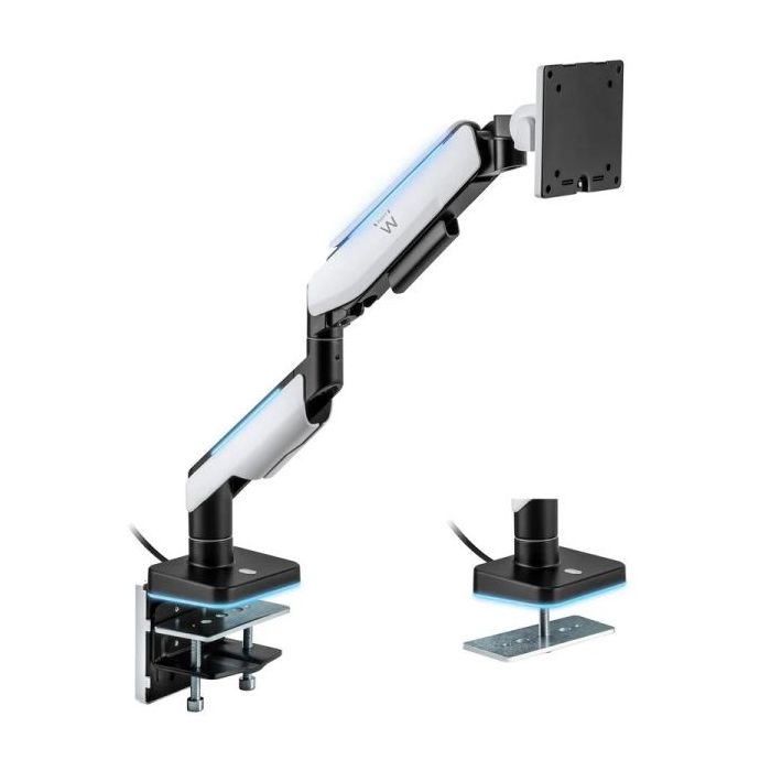 Ewent Soporte de Mesa RGB para Monitor/TV - Giratorio e Inclinable - Iluminacion RGB - Acero y Aluminio - Compatible Vesa - Carga Maxima 20Kg - Brazo Articulado - Sistema de Pasacables - Color Blanco