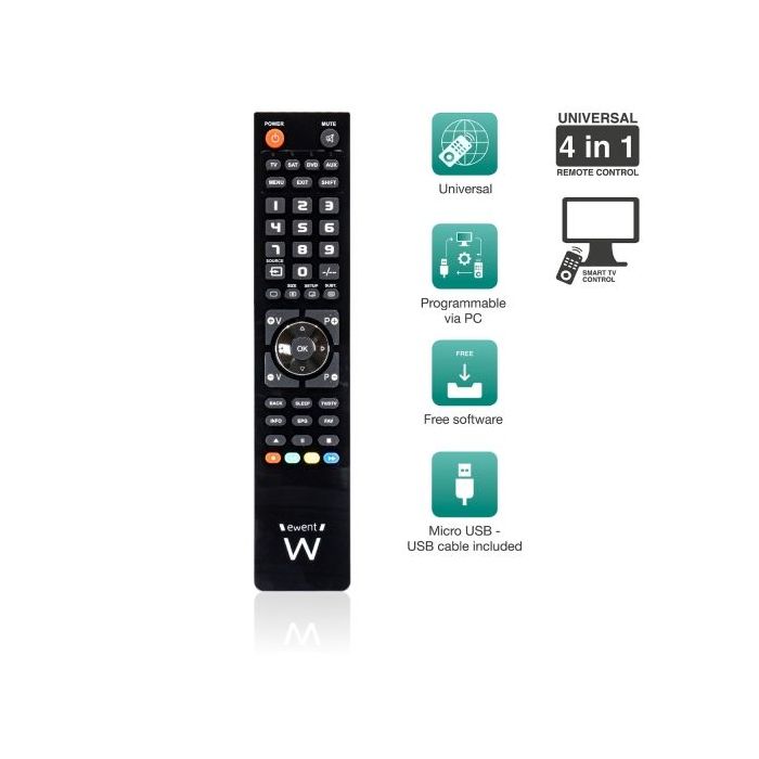 Ewent Control Remoto 4 en 1 Universal - Programable con Cable Micro USB y PC - Color Negro