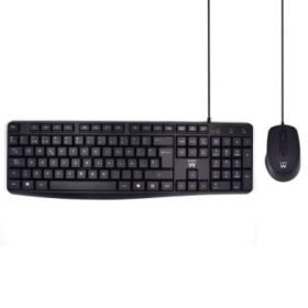Ewent Paquete con Cable KB+RATON - Teclado de Oficina -Cable USB-A de 1.35m - Raton de oficina - 1000dpi - Cable USB-A de 1.35m - Color Negro