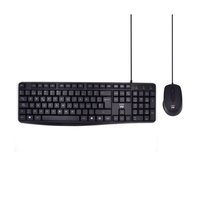 Ewent Paquete con Cable KB+RATON - Teclado de Oficina -Cable USB-A de 1.35m - Raton de oficina - 1000dpi - Cable USB-A de 1.35m - Color Negro