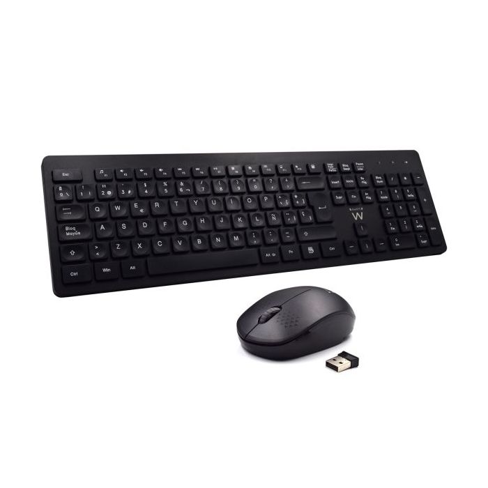 Ewent Pack Inalambrico 2.4hz KB+RATON - Teclado de Oficina con 13 Teclas Multimedia - Raton de Viaje - 1000dpi Unico - Receptor USB-A - 2 Bateria AA (Incluida) - Color Negro