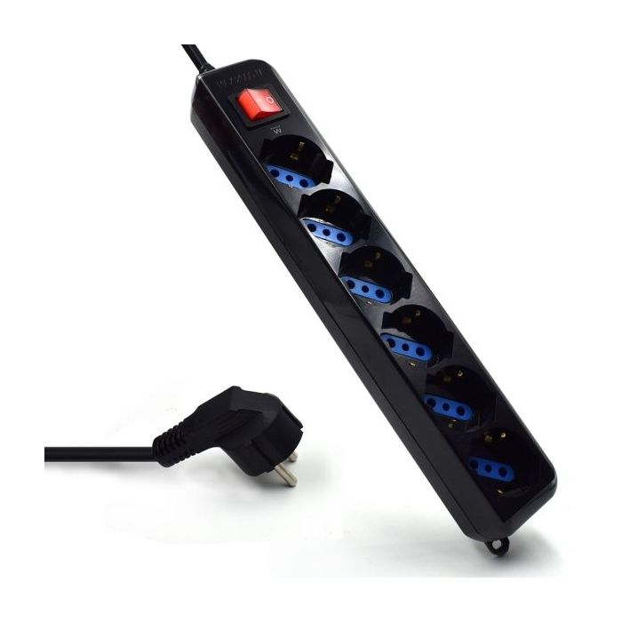 Ewent Regleta de Energia - 6 Enchufes - Version Schuko - 16A con Interruptor de Encendido/Apagado - Proteccion contra Sobrecarga - Cable de 1.5m - Color Negro