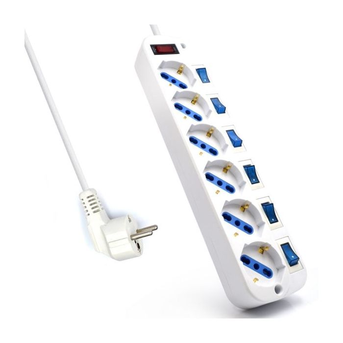 Ewent EW3932 Regleta con 6 Tomas de Corriente - Proteccion contra Sobretensiones - Interruptores Individuales. Color Blanco