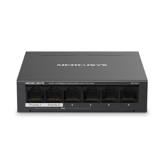 Mercusys Switch 6 Puertos RJ45 10/100Mbps - 4 Puertos PoE - Largo Alcance hasta 250m en Modo Extendido - Carcasa de Metal