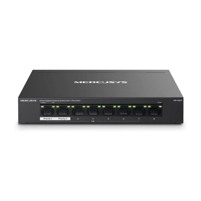 Mercusys Switch 8 Puertos Gigabit RJ45 10/100/1000Mbps - 7 Puertos PoE - Diseño Compacto - Plug & Play - Carcasa de Metal