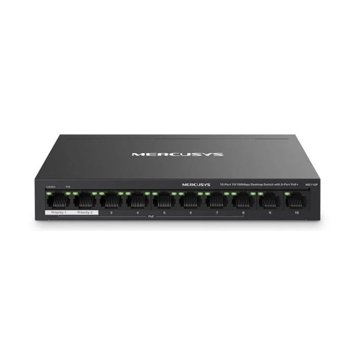 Mercusys Switch 10 Puertos RJ45 10/100Mbps - 8 Puertos PoE - Largo Alcance hasta 250m en Modo Extendido - Carcasa de Metal