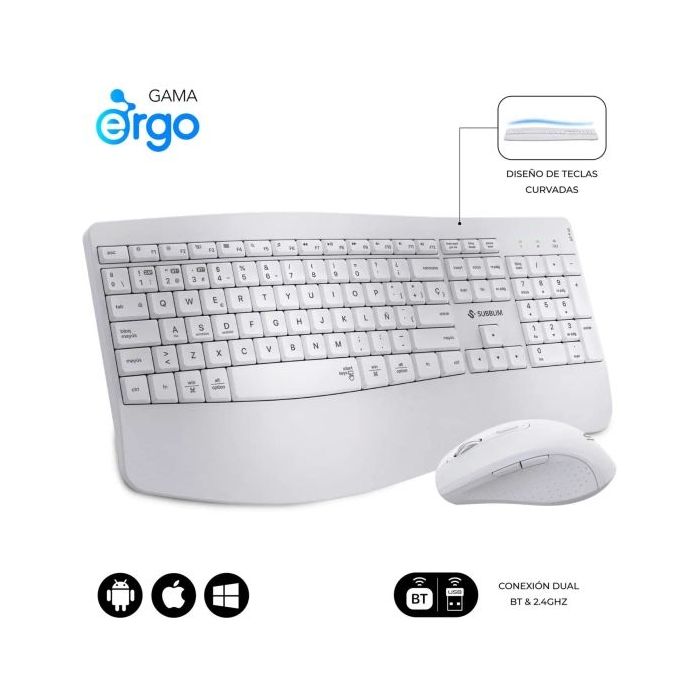 Subblim Dual Office Prowave White Pack de Teclado Ergonomico + Raton 3200dpi Inalambricos Bluetooth 5.3 y Receptor USB - Bateria Recargable - Color Blanco