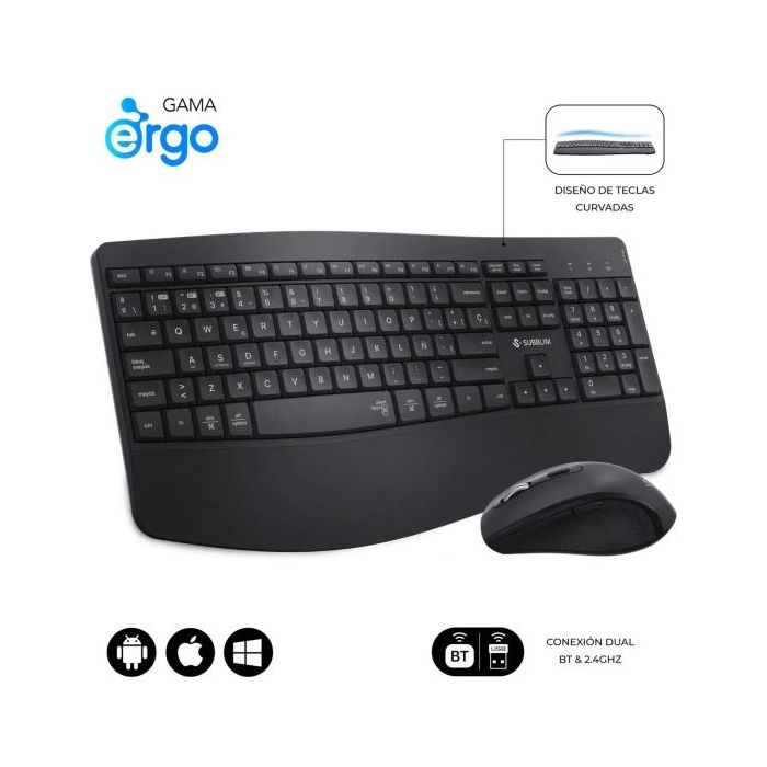 Subblim Dual Office Prowave Black Pack de Teclado Ergonomico + Raton 3200dpi Inalambricos Bluetooth 5.3 y Receptor USB - Bateria Recargable - Color Negro