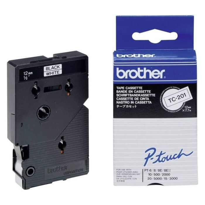 Brother TC201 Cinta Laminada Original para Rotuladora - Texto Negro sobre Fondo Blanco - Ancho 12mm x 7 metros