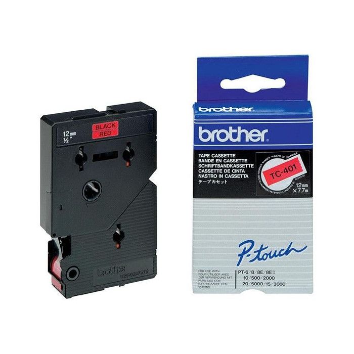 Brother TC401 Cinta Laminada Original para Rotuladora - Texto Negro sobre Fondo Rojo - Ancho 12mm x 7 metros