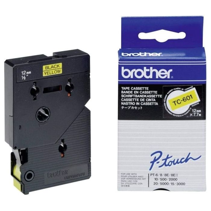 Brother TC601 Cinta Laminada Original para Rotuladora - Texto Negro sobre Fondo Amarillo - Ancho 12mm x 7 metros