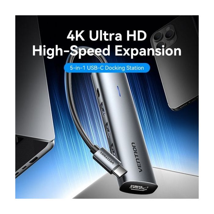 Vention Docking Station 5 en 1 USB-C a HDMI/3xUSB3.0/USB-C PD 100W - 0.15m - Color Gris