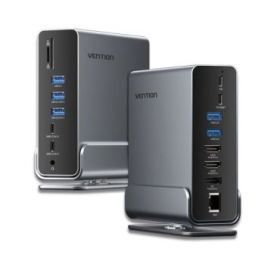 Vention Docking Station 15 en 1 USB-C a DisplayPort/2xHDMI/USB-C 3.2 Gen2/USB-C 3.2 Gen1/2xUSB 3.2 Gen2/USB3.0/2xUSB2.0/RJ45/SD/TF/3.5mm TRRS/PD 100W - Color Gris
