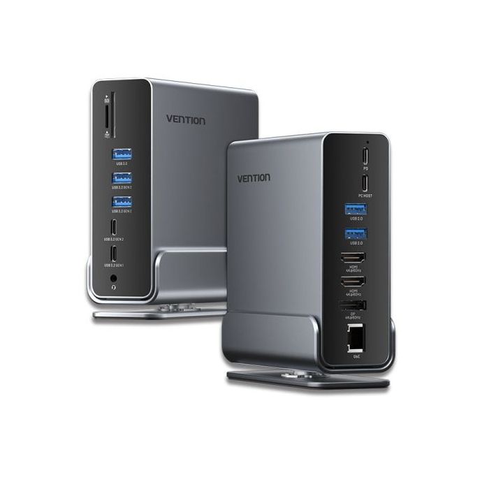 Vention Docking Station 15 en 1 USB-C a DisplayPort/2xHDMI/USB-C 3.2 Gen2/USB-C 3.2 Gen1/2xUSB 3.2 Gen2/USB3.0/2xUSB2.0/RJ45/SD/TF/3.5mm TRRS/PD 100W - Color Gris