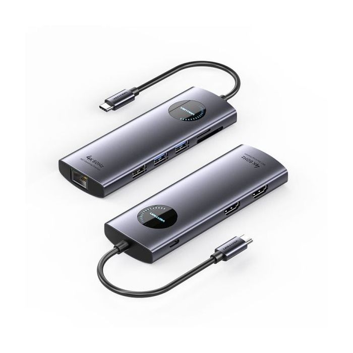 Vention Docking Station 9 en 1 USB-C a 2xHDMI/2xUSB3.0/USB 2.0/RJ45/SD/TF/PD 100W - 0.15m - Color Gris
