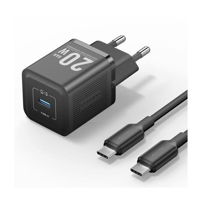 Vention Cargador de Pared GaN USB-C 20W - Cable USB-C 1m - Color Negro