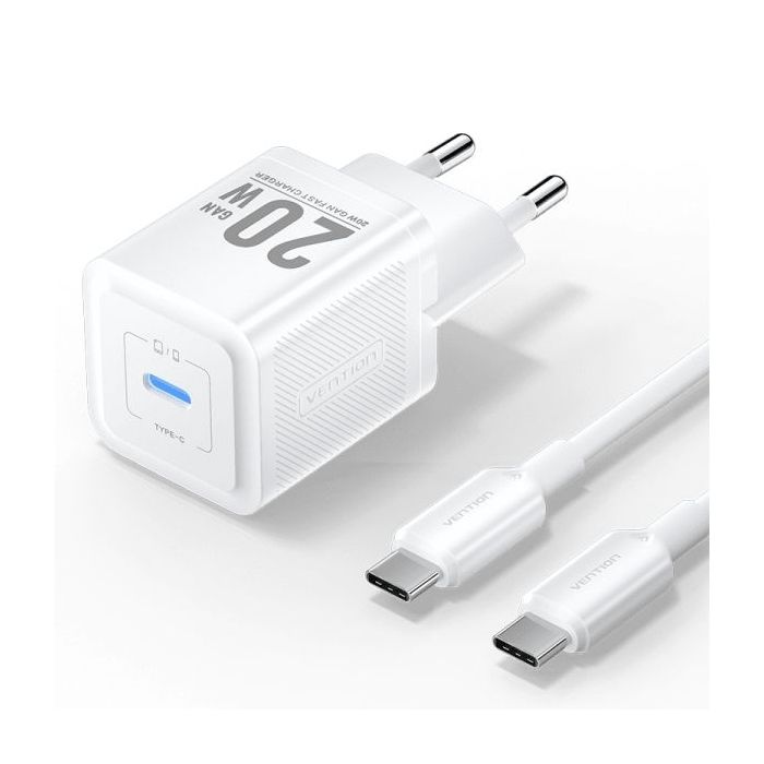 Vention Cargador de Pared GaN USB-C 20W - Cable USB-C 1m - Color Blanco
