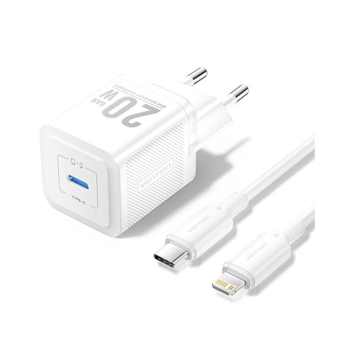 Vention Cargador de Pared GaN USB-C 20W - Cable USB-C a Lightning 1m - Color Blanco