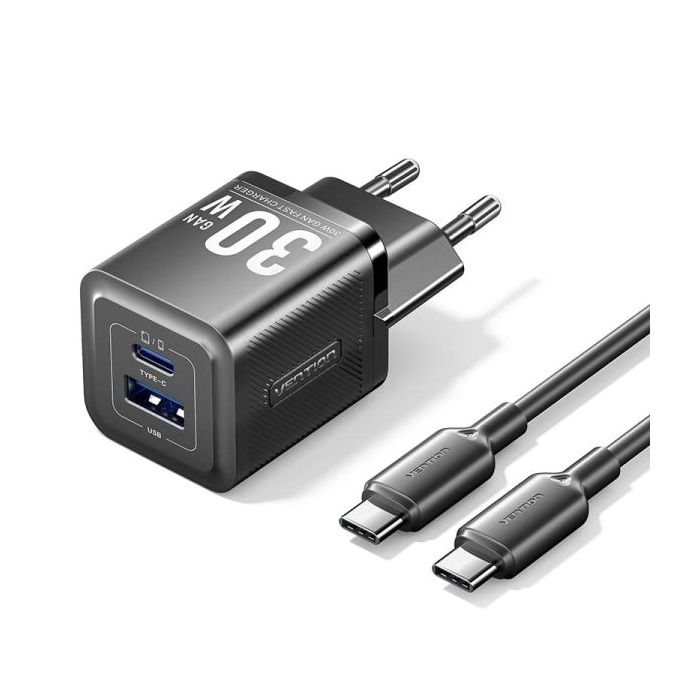 Vention Cargador de Pared GaN USB-C 30W - Cable USB-C 1m - Color Negro