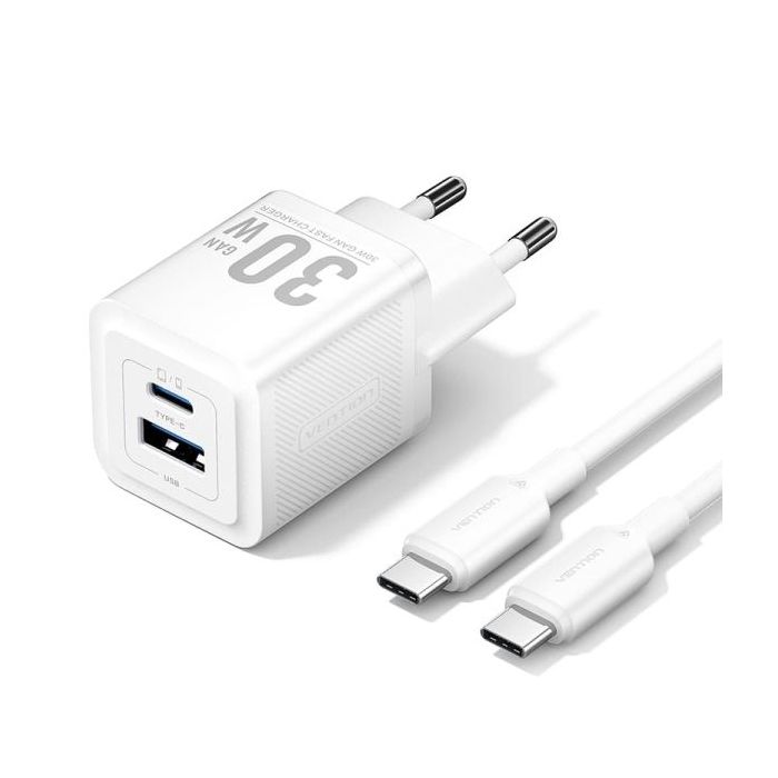 Vention Cargador de Pared GaN USB-C 30W - Cable USB-C 1m - Color Blanco