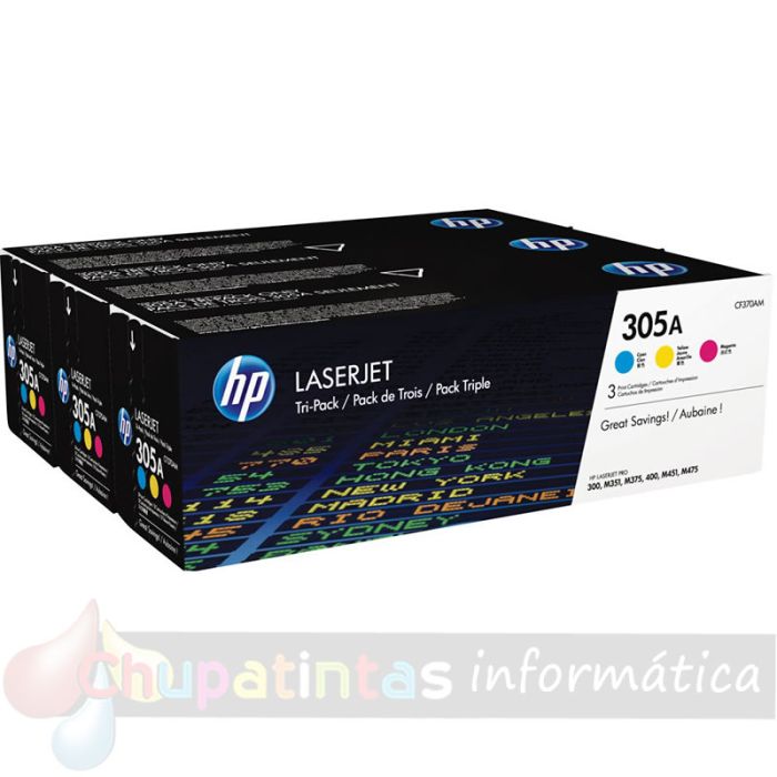 HP CE411A/CE412A/CE413A Pack de 3 Cartuchos de Tóner Originales - 305A