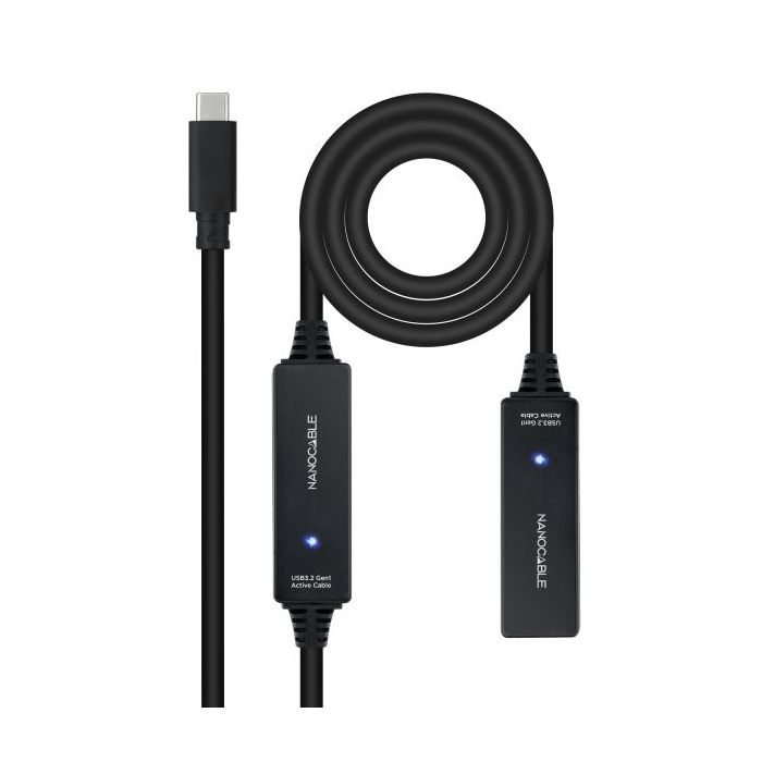 Nanocable Cable Prolongador USB-C 3.2 Macho a USB-C 3.2 Hembra - 10 Metros - Amplificador - Color Negro
