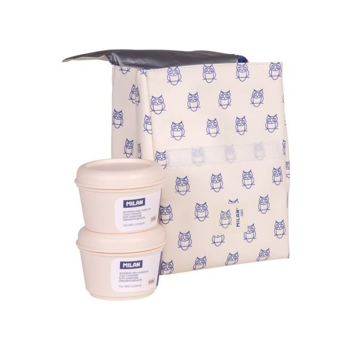 Milan Coleccion 460 Bolsa Isotermica Porta Alimentos 3,5L - Incluye 2 Recipientes para Alimentos de 0,25L - Interior Aislante Termico - Color Beige/Azul