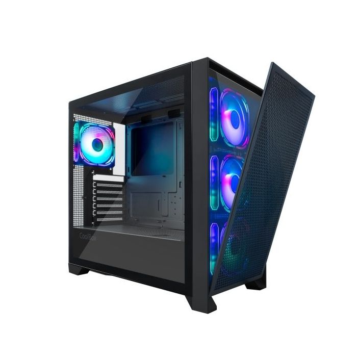 Coolbox GE2000 DualView Caja Torre ATX, Micro ATX, Mini-ITX - Frontal Doble Intercambiable - Lateral Cristal Templado - Tamaño HDD 2.5", 3.5" - USB-A 3.0, USB-C y Audio - 4 Ventiladores ARGB 120mm - Soporta Refrigeracion Liquida - Color Negro
