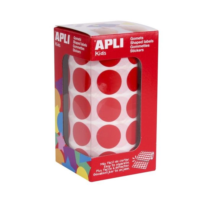 Apli Rollo de 1770 Gomets Redondos Rojos - Ø 20mm - Adhesivo Permanente - Desarrolla Habilidades y Capacidades en Niños