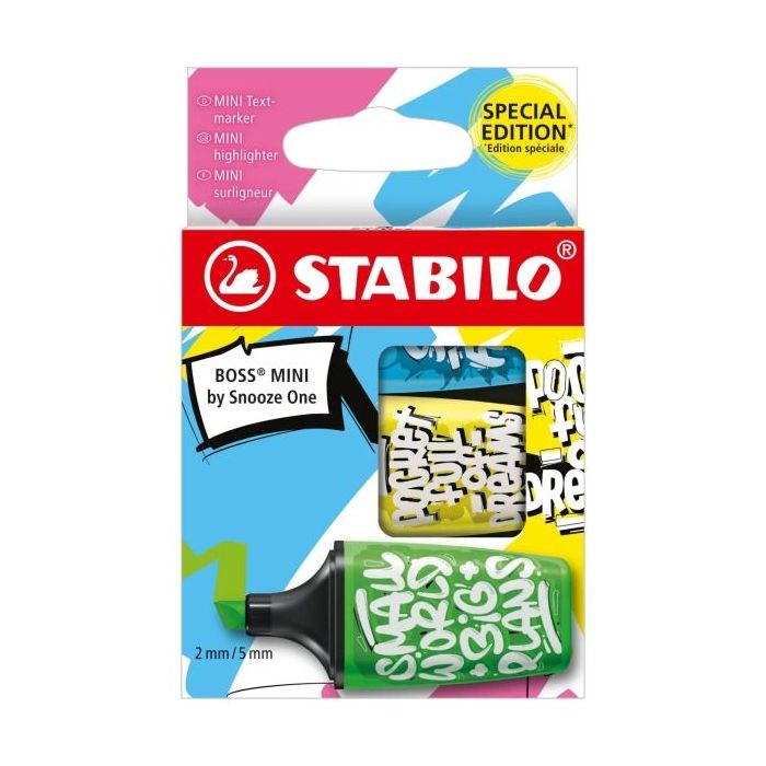 Stabilo Boss Mini by Snooze One Pack de 3 Mini Marcadores Fluorescentes - Trazo entre 2 y 5mm - Tinta con Base de Agua - Antisecado - Colores Surtidos