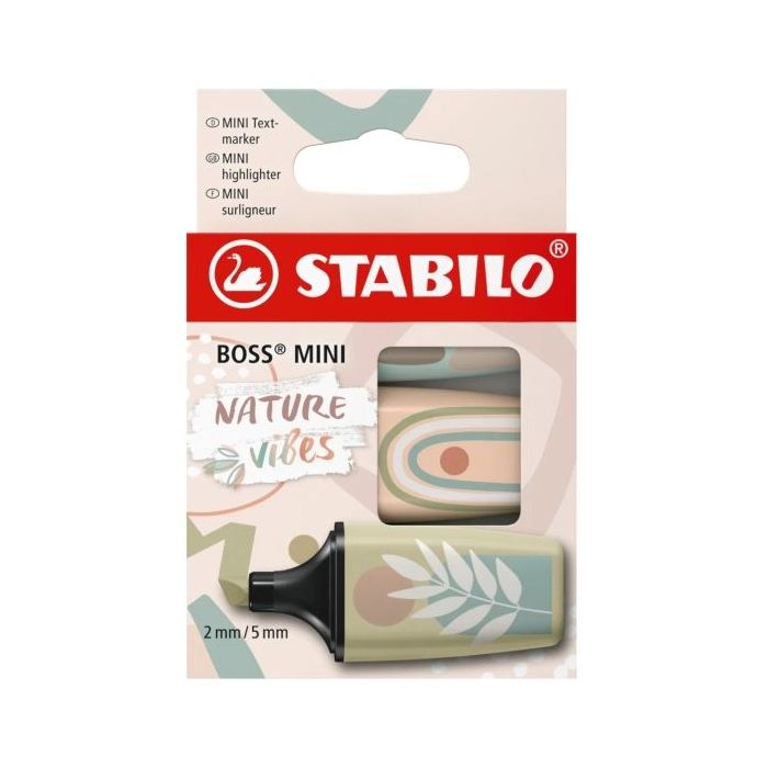 Stabilo Boss Mini Naturevibes Pack de 3 Marcadores Fluorescentes - Trazo entre 2 y 5mm - Tinta con Base de Agua - Antisecado - Colores Verde Barro, Verde Tierra y Beige