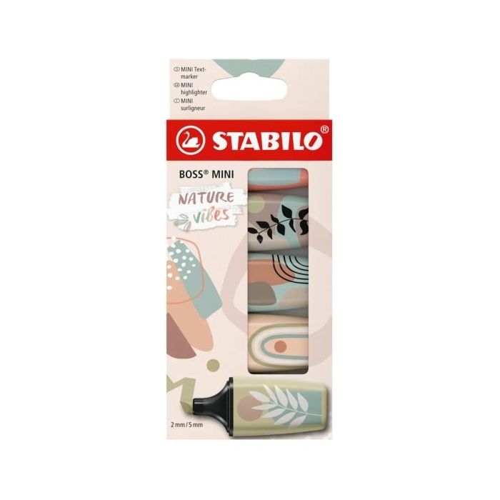 Stabilo Boss Mini Naturevibes Pack de 5 Marcadores Fluorescentes - Trazo entre 2 y 5mm - Tinta con Base de Agua - Antisecado - Colores Verde Barro, Verde Tierra, Siena, Beige y Gris Calido