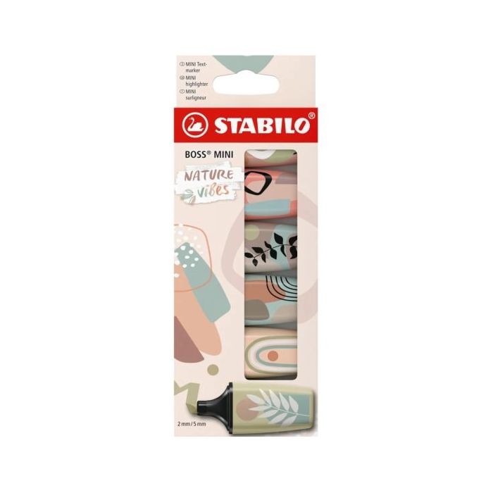 Stabilo Boss Mini Naturevibes Pack de 6 Marcadores Fluorescentes - Trazo entre 2 y 5mm - Tinta con Base de Agua - Antisecado - Colores Verde Barro, Verde Tierra, Ocre, Siena, Beige y Gris Calido