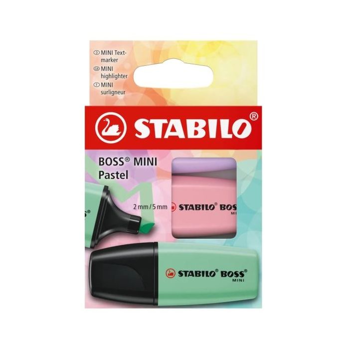 Stabilo Boss Mini Pastel Pack de 3 Marcadores Fluorescentes - Trazo entre 2 y 5mm - Tinta con Base de Agua - Antisecado - Colores Verde, Rosa y Violeta