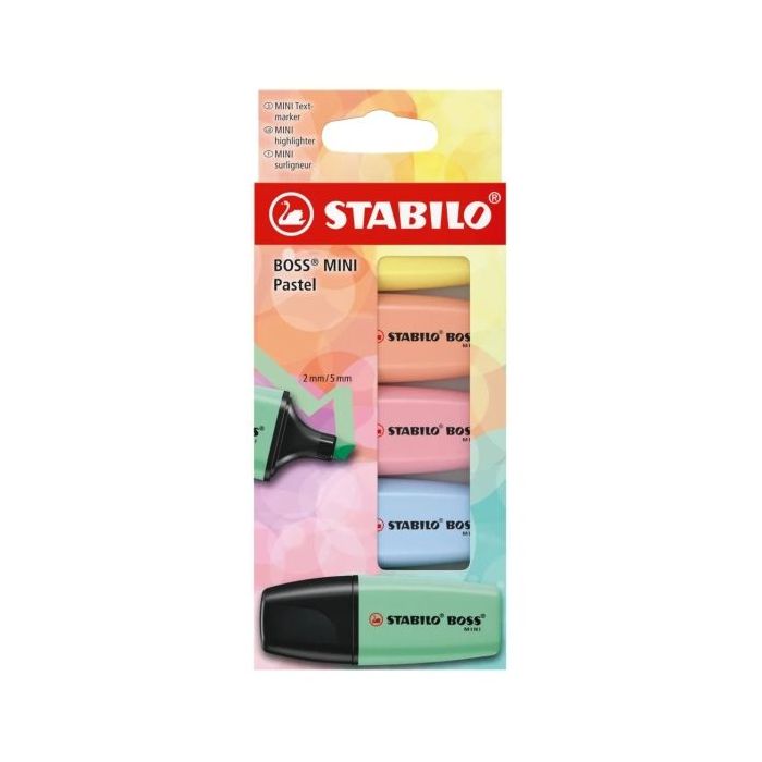Stabilo Boss Mini Pastel Pack de 5 Marcadores Fluorescentes - Trazo entre 2 y 5mm - Tinta con Base de Agua - Antisecado - Colores Verde, Rosa, Azul, Naranja y Amarillo